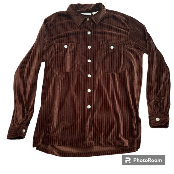 KATHY IRELAND Vintage Chocolate Brown Ribbed Button Down Collared Velvet Blouse - Picture 1 of 6